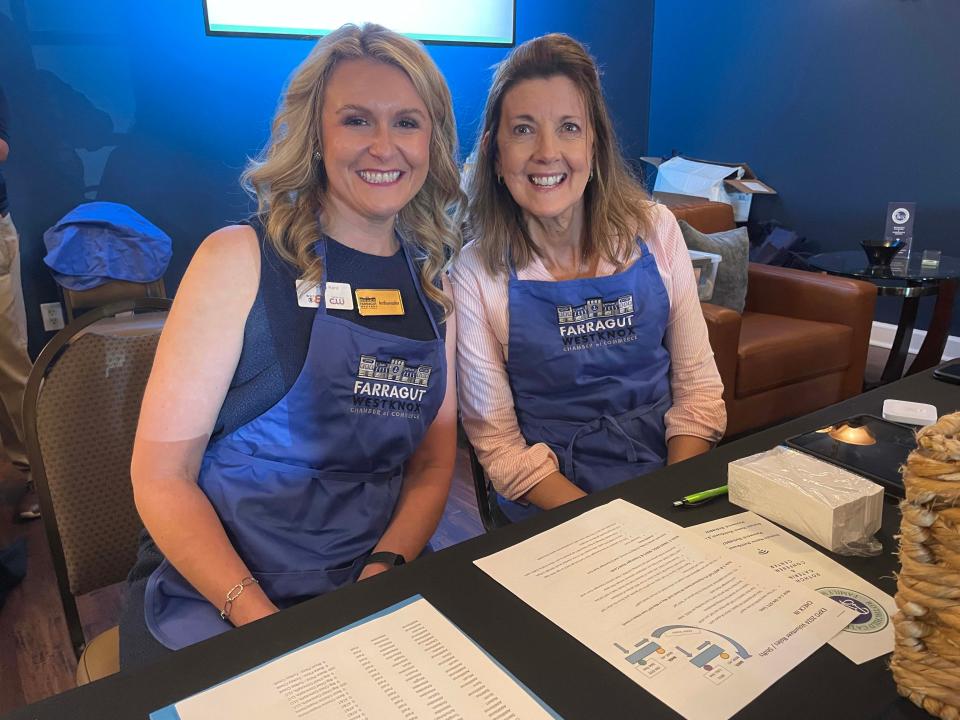 Whitney Kent with WVLT, a Farragut West Knox Chamber of Commerce ambassador, and Suzanne Krygier, membership director, welcome more than 500 visitors and vendors to the annual Business Expo held at Rothchild Catering and Event Center May 1, 2024.