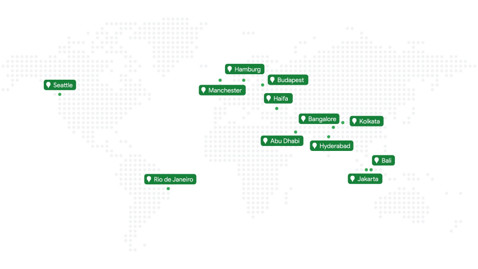 eine stilisierte Weltkarte, die die Dutzend Städte anzeigt, in denen grünes Licht in Betrieb ist.