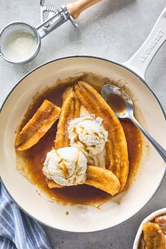 <p>Grandbaby Cakes</p><p>In this classic Bananas Foster recipe, sliced bananas are coated in a cinnamon caramel sauce, then flambeed in rum and banana liqueur to create the sweet treat of your dreams! Did I mention it’s served over a heaping scoop of vanilla ice cream?</p><p><strong>Get the recipe: <a href="https://grandbaby-cakes.com/bananas-foster/" rel="nofollow noopener" target="_blank" data-ylk="slk:Bananas Foster;elm:context_link;itc:0;sec:content-canvas" class="link rapid-noclick-resp">Bananas Foster</a></strong></p>