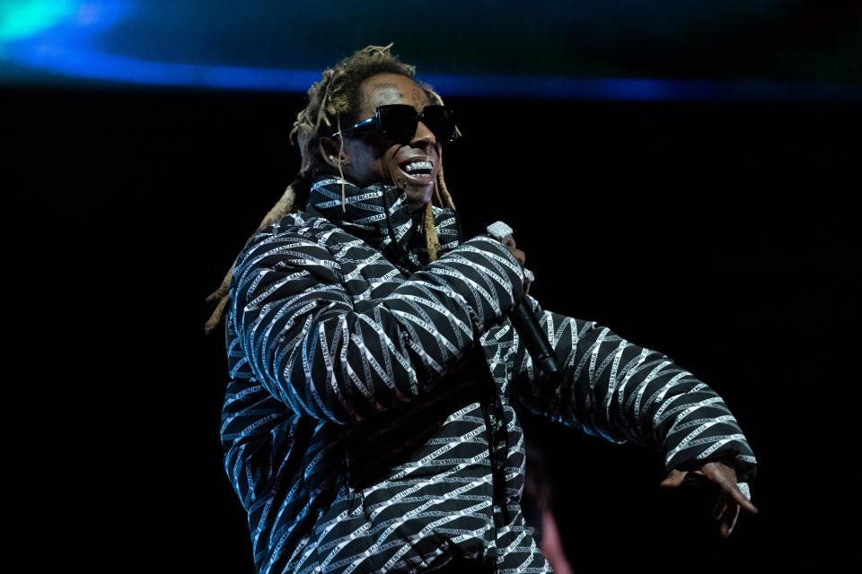 15 février 2020 ;  Chicago, Illinois, États-Unis ;  Le rappeur américain Lil Wayne lors de la NBA All Star Saturday Night au United Center.  Crédit obligatoire : Kyle Terada-USA TODAY Sports