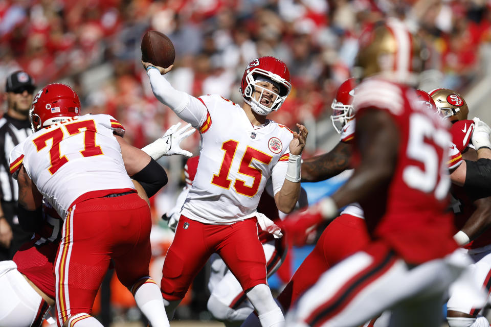 Kansas City Chiefs quarterback Patrick Mahomes (15) passes against the San Francisco 49ers during the first half of an NFL football game in Santa Clara, Calif., Sunday, Oct. 23, 2022. (AP Photo/Jed Jacobsohn)