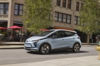 This photo provided by Chevrolet shows the 2023 Bolt EV. It's one of the lowest-priced EVs on the market and further qualifies for a $7,500 tax credit. (General Motors via AP)