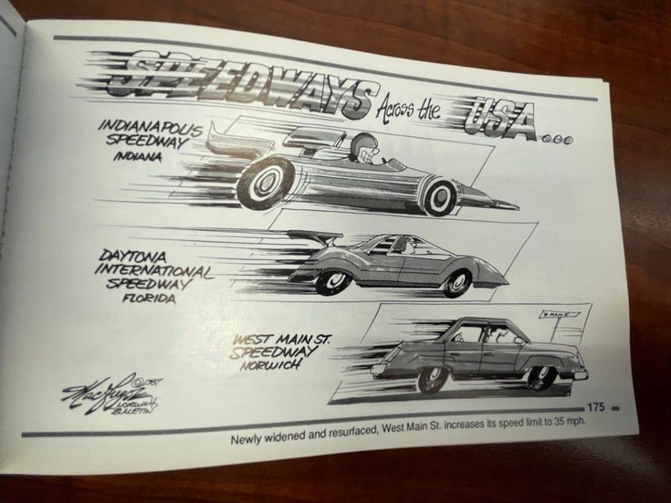 Still-relevant commentary on driving on West Main Street by cartoonist Doug MacGregor, from a collection of his cartoons from 1988.