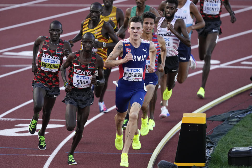Jakob Ingebrigtsen, of Norway, competes in the men's 5000-meter run at the World Athletics Championships on Sunday, July 24, 2022, in Eugene, Ore. Ingebrigtsen, won gold in the event. (AP Photo/Gregory Bull)