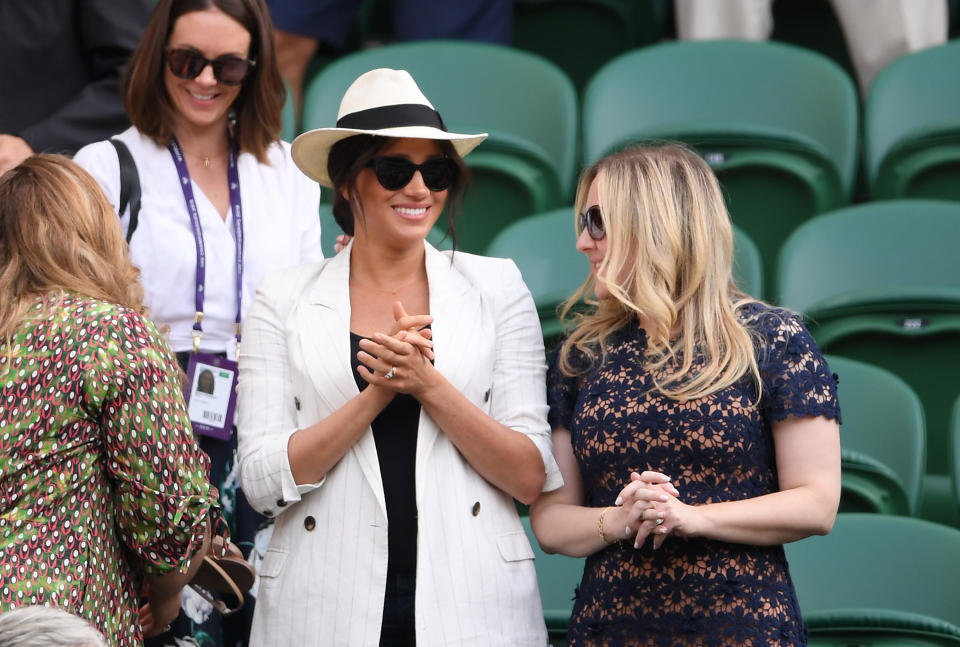 Meghan Markle, Duchess of Sussex watches on during the ladies' Singles Second round match between Serena Williams of The United States and Kaja Juvan of Slovenia during Day four of The Championships - Wimbledon 2019 at All England Lawn Tennis and Croquet Club on July 04, 2019 in London, England. (Photo by Laurence Griffiths/Getty Images) | Laurence Griffiths&Getty Images