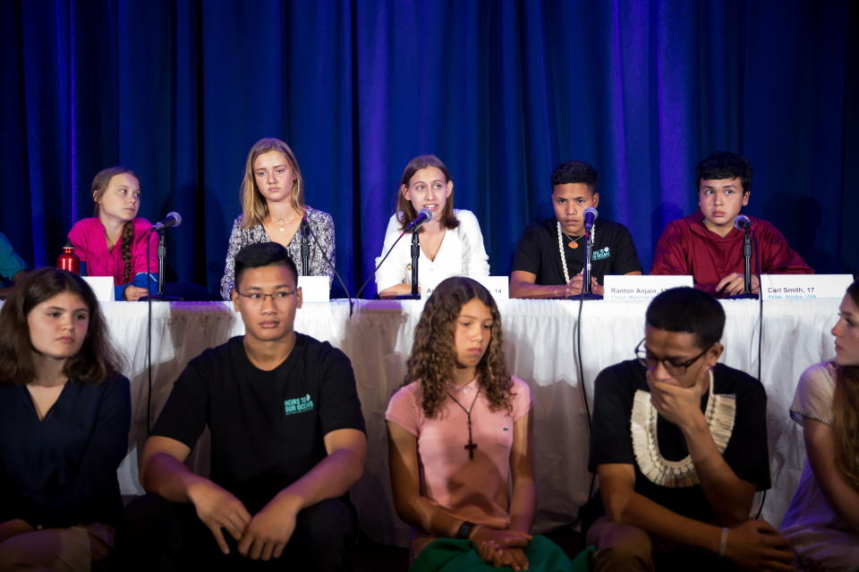 Alexandria Villasenor speaks as she and 15 other children from across the world, including Greta Thunberg, present an official human rights complaint on the climate crisis to the United Nations Committee.