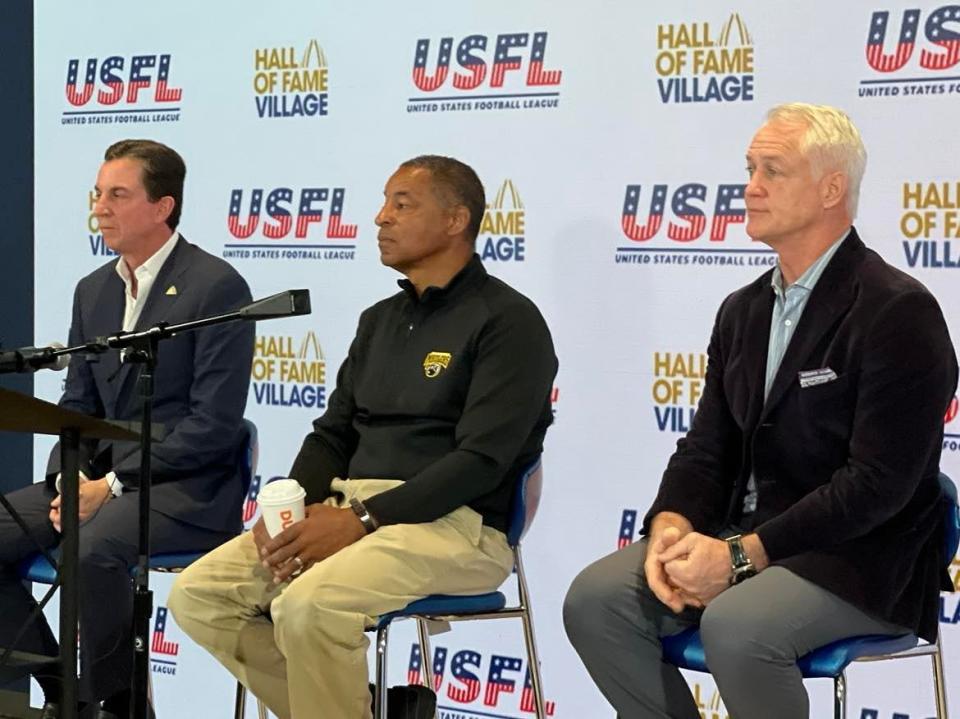 USFL and Hall of Fame Village officials held a press conference on Wednesday, Jan. 25, 2023,  in Canton to announce plans for playing games at Tom Benson Hall of Fame Stadium. From left are CEO of the Hall of Fame Resort and Entertainment Co. Michael Crawford, Maulers head coach Ray Horton and USFL Vice President of Operations Daryl Johnston.