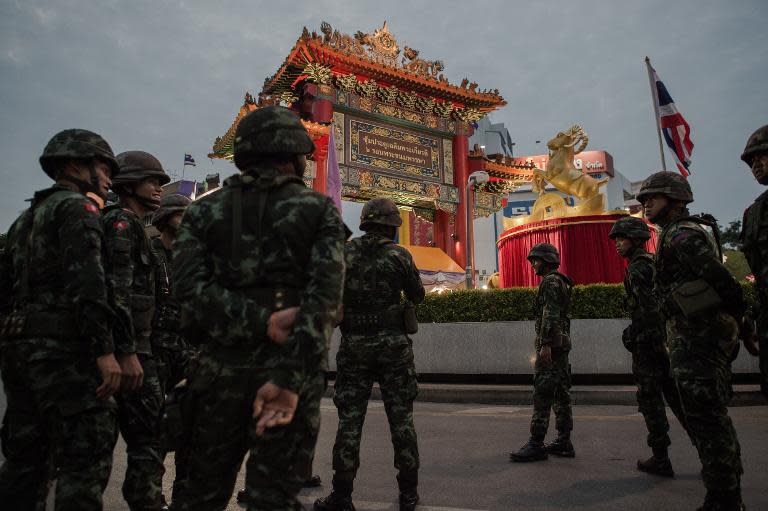 Thai soldiers patrol in Bangkok's China town on February 18, 2015