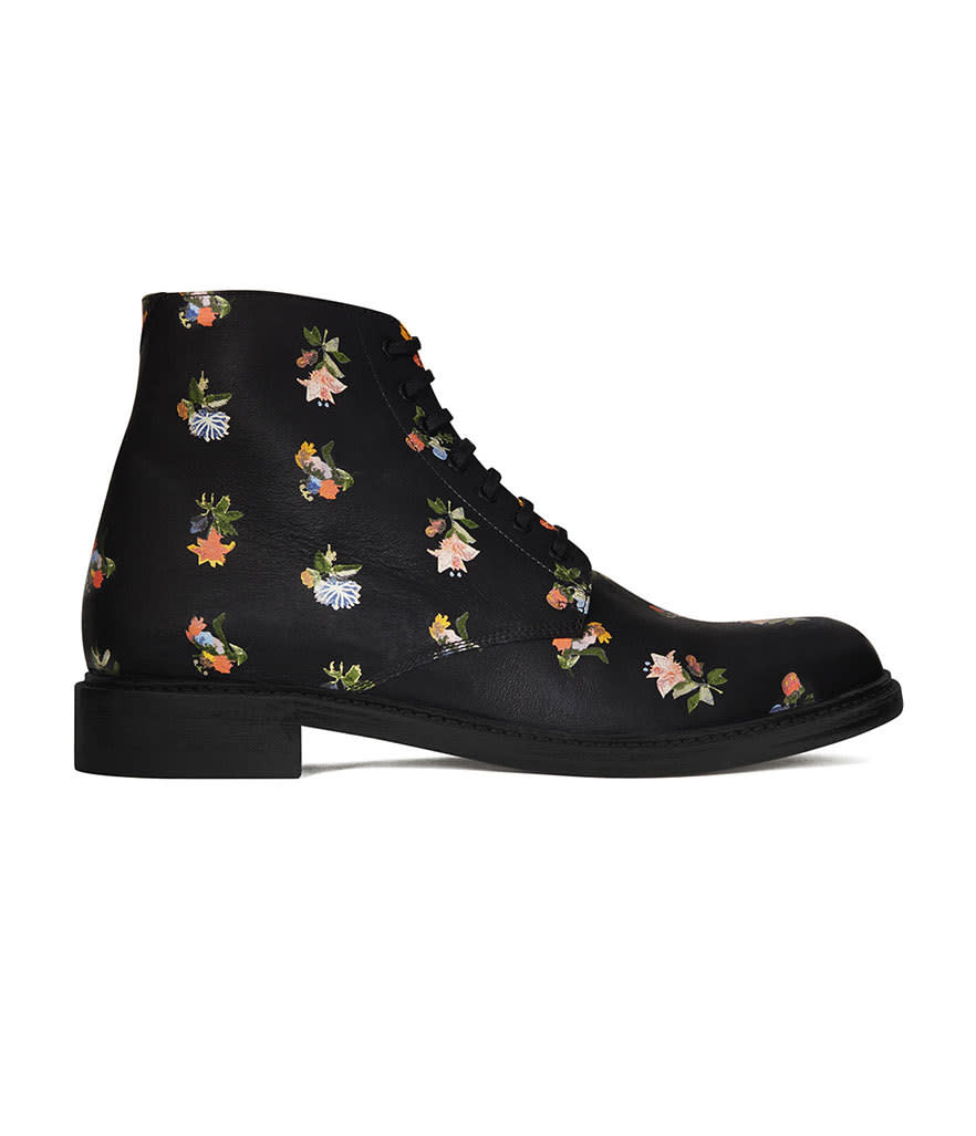 <p>Saint Laurent Lolita 20 Lace-Up Boot in Black and Multicolor Prairie Flower Printed Leather, $995, <a href="http://www.ysl.com/us/shop-product/women/shoes-flat-booties-lolita-20-lace-up-boot-in-black-and-multicolor-prairie-flower-printed-leather_cod44939935xm.html#section=women_shoes" rel="nofollow noopener" target="_blank" data-ylk="slk:ysl.com;elm:context_link;itc:0;sec:content-canvas" class="link ">ysl.com</a><br><br></p>