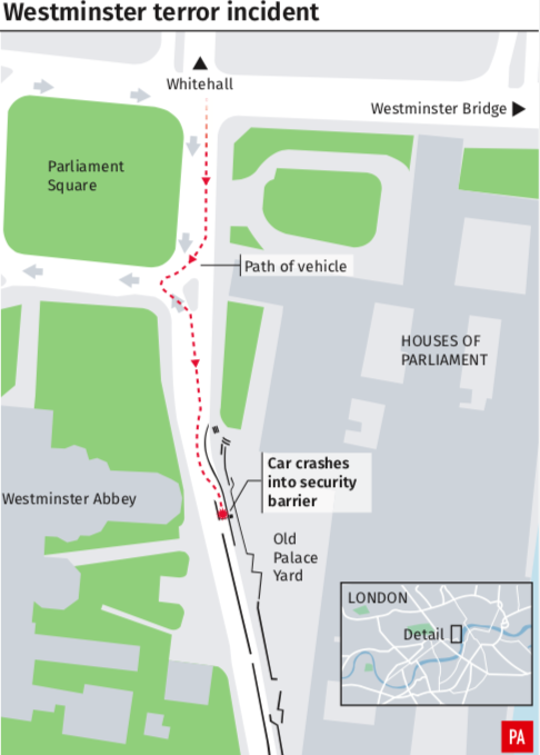 <em>The path of the car that crashed into the security barrier (PA)</em>