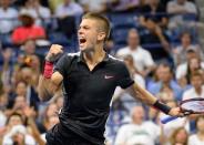 Aug 31, 2015; New York, NY, USA; Borna Coric of Croatia reacts after winning the 3rd set against Rafael Nadal of Spain on day one of the 2015 US Open tennis tournament at USTA Billie Jean King National Tennis Center. Mandatory Credit: Robert Deutsch-USA TODAY Sports