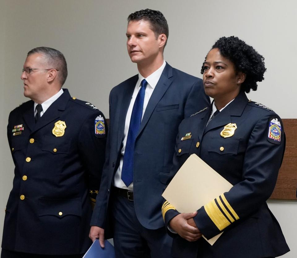 April 28, 2023; Columbus, Ohio, USA;  
Deputy Chief Gregory Bodker, City Attorney Zach Klein, Columbus Chief of Police Elaine Bryant wait for a press  conference to begin at the Columbus Police Academy on Friday.
Mandatory Credit: Barbara J. Perenic/Columbus Dispatch