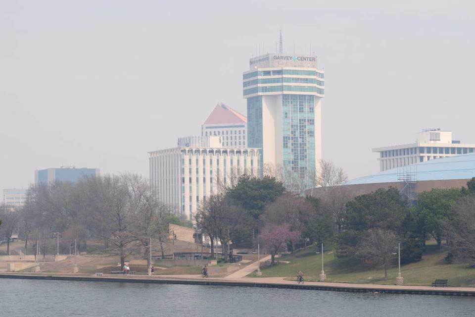 A very smoky downtown Wichita on Friday afternoon. The unhealthy air quality is from a prescribed burn in the Flint Hills will be followed Saturday with strong winds with gusts as high as 65 mph.