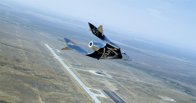 Virgin Galactic's VSS Unity spaceplane glides back to landing after a sub-orbital flight to space. Company founder Richard Branson plans to fly aboard the spacecraft later this month. / Credit: Virgin Galactic