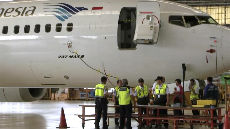 In this image from video taken on Tuesday, March 12, 2019, a Boeing 737 Max 8 aircraft is in hangar before the inspection at Garuda Maintenance Facility at Soekarno Hatta airport, Jakarta. The Indonesian Transport Ministry on Tuesday, March 13, conducted inspections of 737 Max 8 aircraft owned by Garuda Indonesia and Lion Air. (AP Photo)