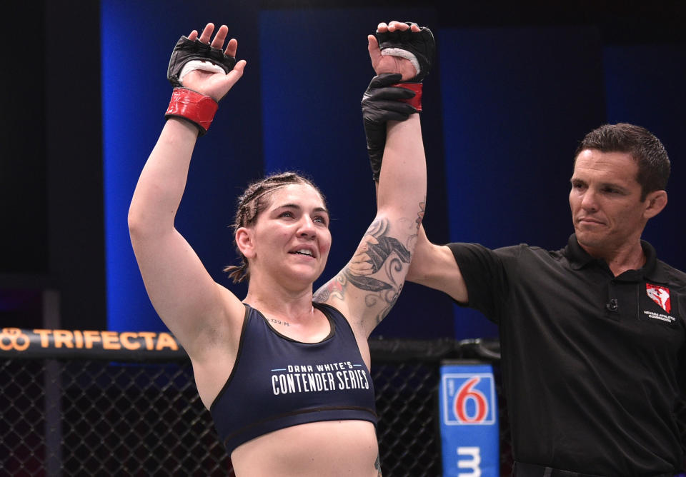 Sarah Alpar celebrates after her submission victory over Shanna Young in their bantamweight bout during Dana White's Contender Series