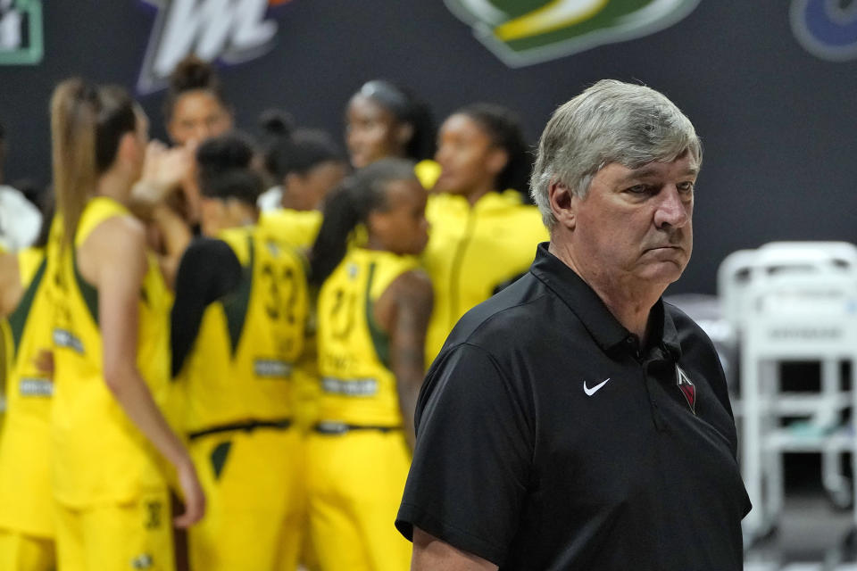 Las Vegas Aces head coach Bill Laimbeer reacts as he walks off the court while the Seattle Storm celebrate after defeating the Aces during Game 1 of basketball's WNBA Finals Friday, Oct. 2, 2020, in Bradenton, Fla. (AP Photo/Chris O'Meara)