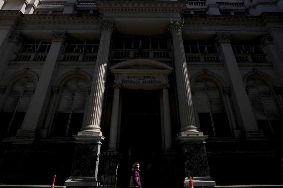 The Central Bank stands in Buenos Aires, Argentina, Monday, Aug. 14, 2023. The Argentine peso plunged Monday after an anti-establishment candidate came first in Sunday's primary elections that will help determine the country's next president. (AP Photo/Natacha Pisarenko)