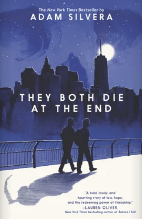 Book cover of "They Both Die at the End" by Adam Silvera featuring two silhouetted figures against a city backdrop