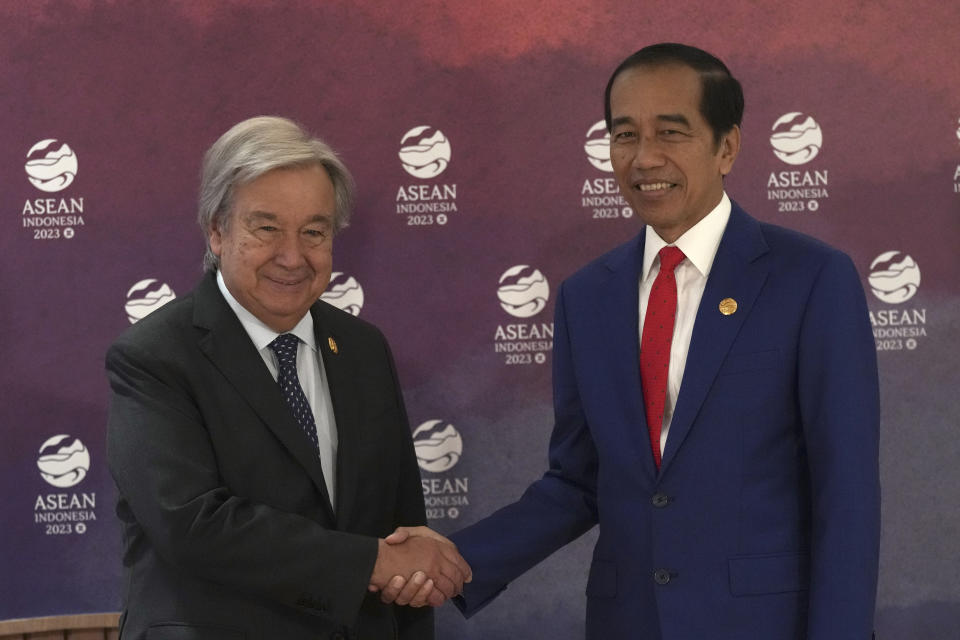 Indonesian President Joko Widodo, right, greets U.N. Secretary-General Antonio Guterres during their bilateral meeting on the sidelines of the Association of Southeast Asian Nations (ASEAN) Summit in Jakarta, Indonesia, Thursday, Sept. 7, 2023. (AP Photo/Tatan Syuflana, Pool)
