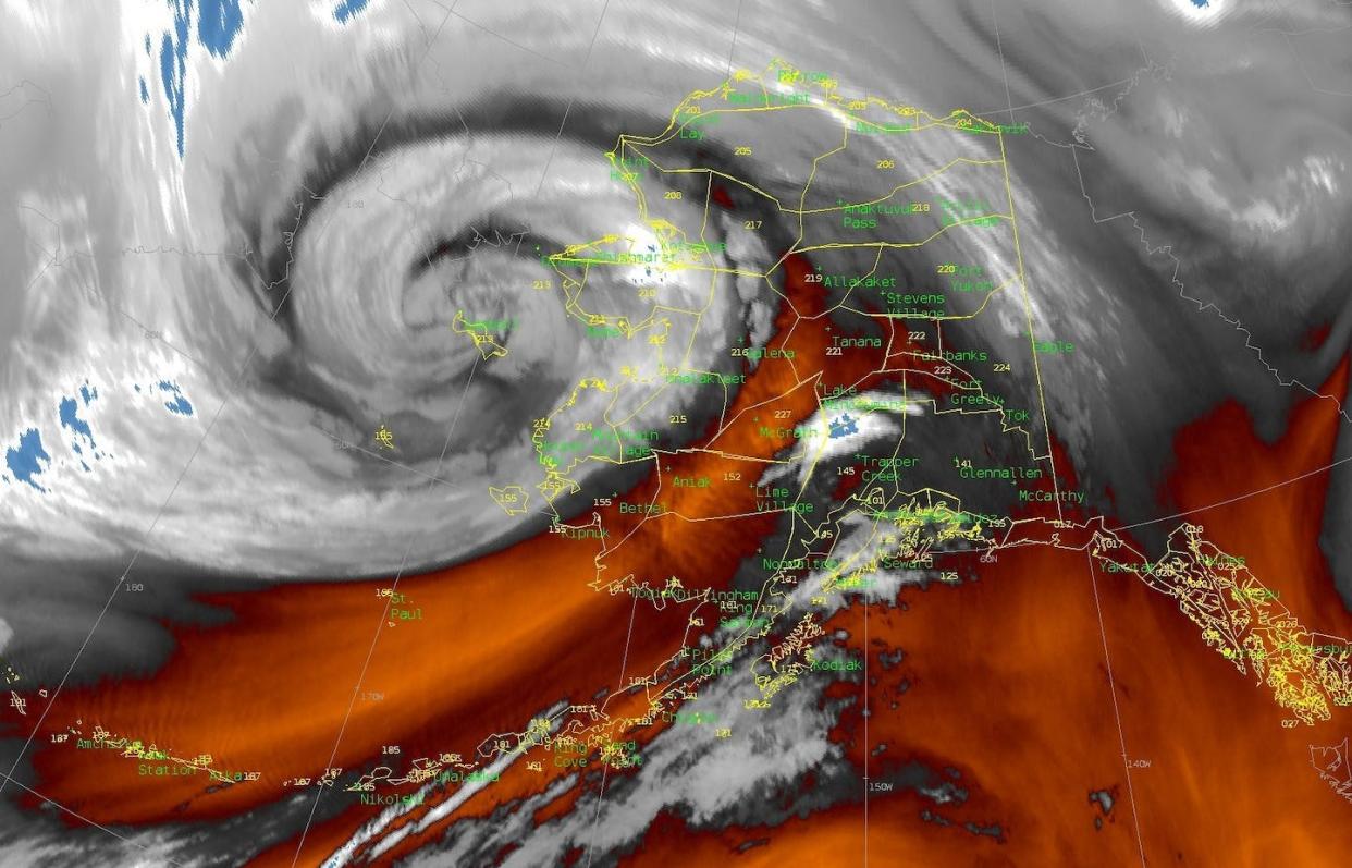A satellite image shows how vast the remnants of Typhoon Merbok were as the storm hit the Alaska coast. <a href="https://twitter.com/NWSFairbanks/status/1571054643383533569" rel="nofollow noopener" target="_blank" data-ylk="slk:National Weather Service;elm:context_link;itc:0;sec:content-canvas" class="link ">National Weather Service</a>
