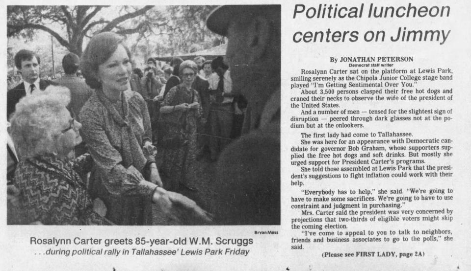 First Lady Rosalynn Carter visited Tallahassee multiple times. In November 1978 she swung through town for a luncheon with then Democratic gubernatorial candidate Bob Graham.