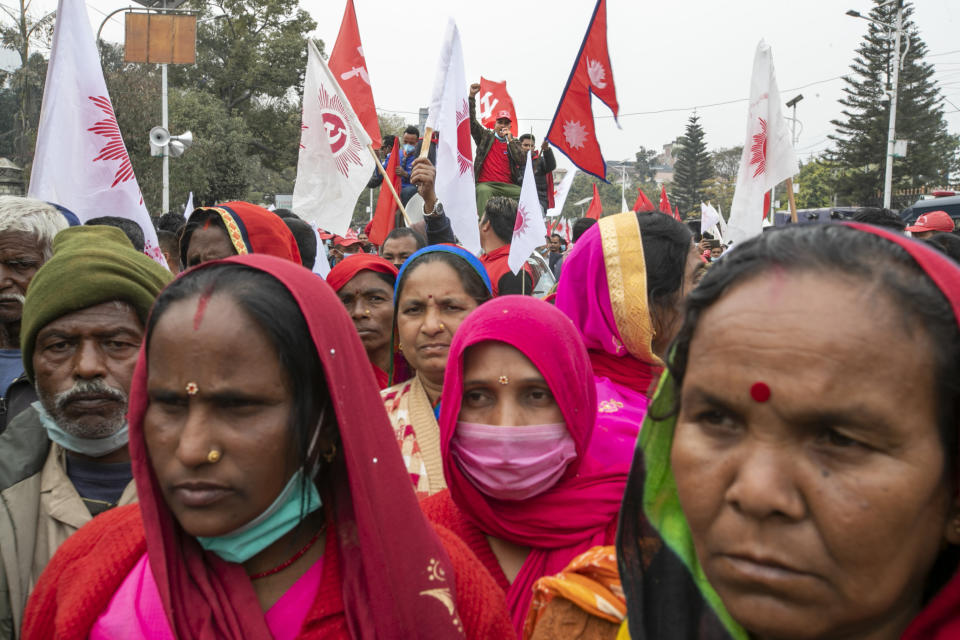 Supporters of a splinter group of Nepal's Communist Party rally in Kathmandu, Nepal, Wednesday, Feb.10, 2012. (AP Photo/Niranjan Shrestha)