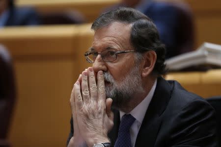 Spain's Prime Minister Mariano Rajoy reacts during a debate at the upper house Senate in Madrid, Spain, October 27, 2017. REUTERS/Susana Vera
