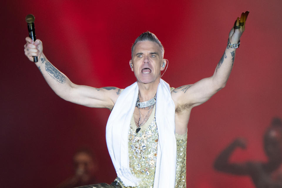 Singer Robbie Williams in concert at the Sandringham Estate in Norfolk. Picture date: Sunday August 27, 2023. (Photo by Joe Giddens/PA Images via Getty Images)