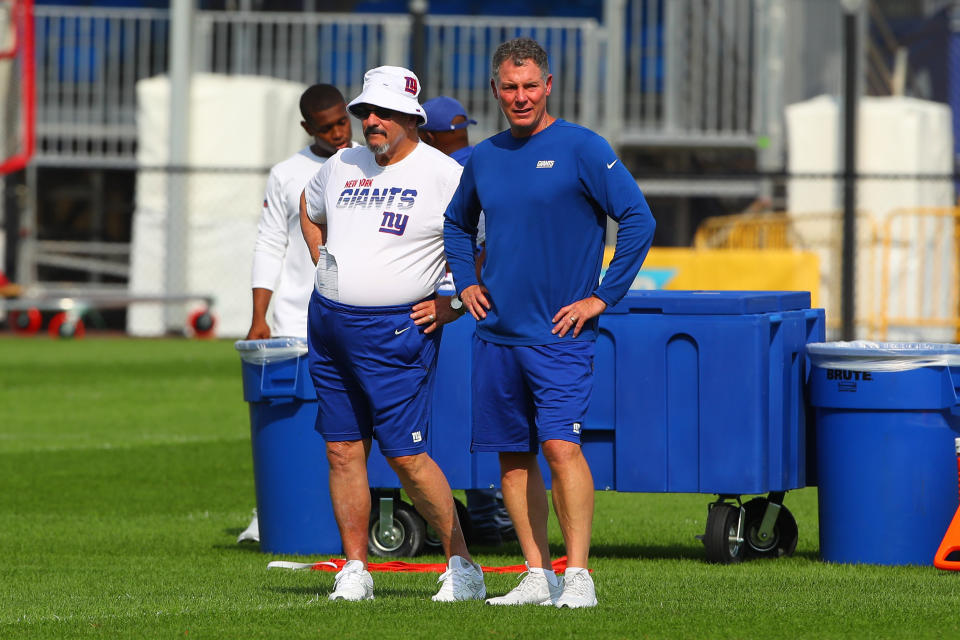 EAST RUTHERFORD, NJ - JULY 26:  New York Giants general manager Dave Gettleman talks with New York Giants head coach Pat Shurmur during training camp on July 26 2019 at Quest Diagnostics Training Center in East Rutherford, NJ.  (Photo by Rich Graessle/Icon Sportswire via Getty Images)