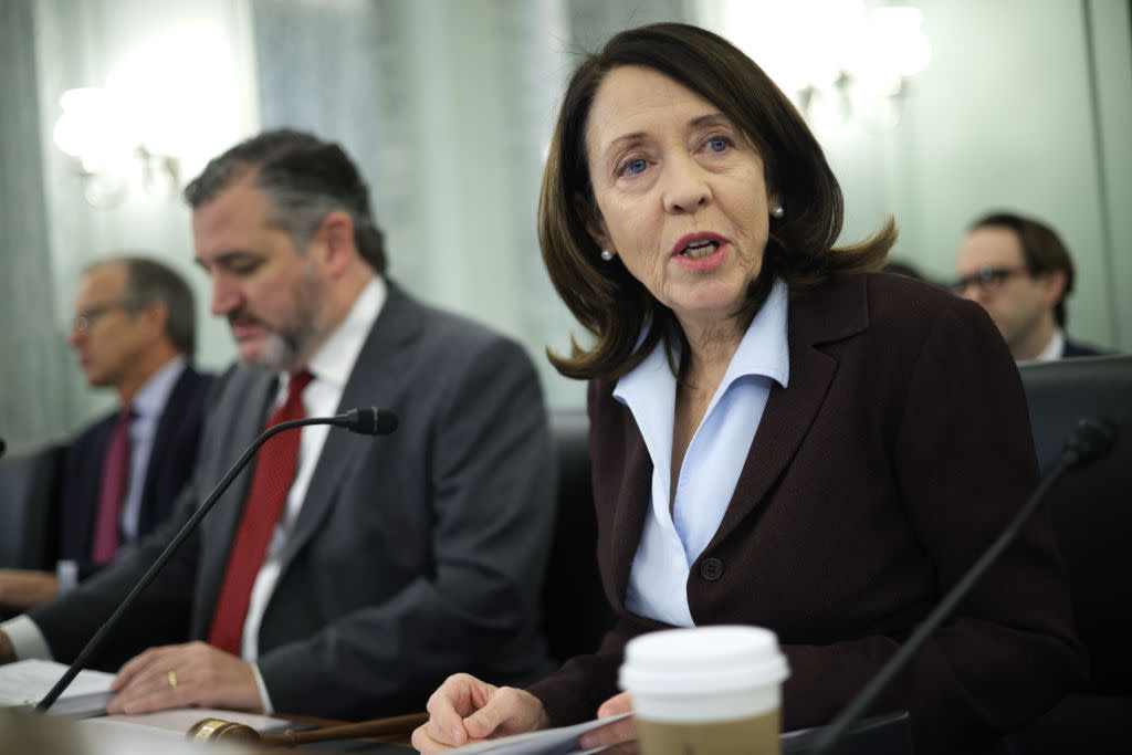 Sen. Maria Cantwell and Sen. Ted Cruz during a hearing before Senate Commerce, Science and Transportation Committee on February 9, 2023, in Washington, D.C. (Photo by Alex Wong/Getty Images)