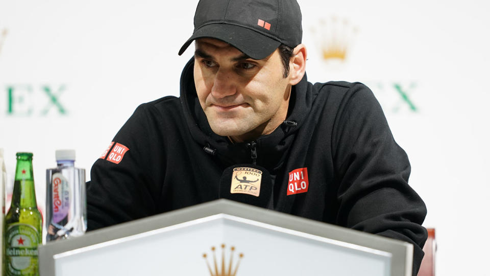 Roger Federer attends a press conference after loss Borna Coric at the Shanghai Masters. (Photo by Fred Lee/Getty Images)