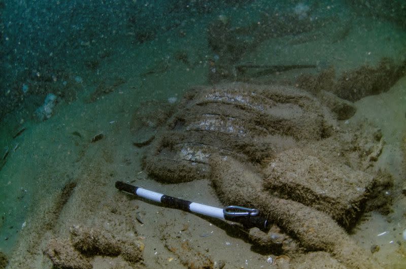 A pulley block is exposed on the seabed underwater from the shipwreck of The Gloucester discovered off the coast of Norfolk