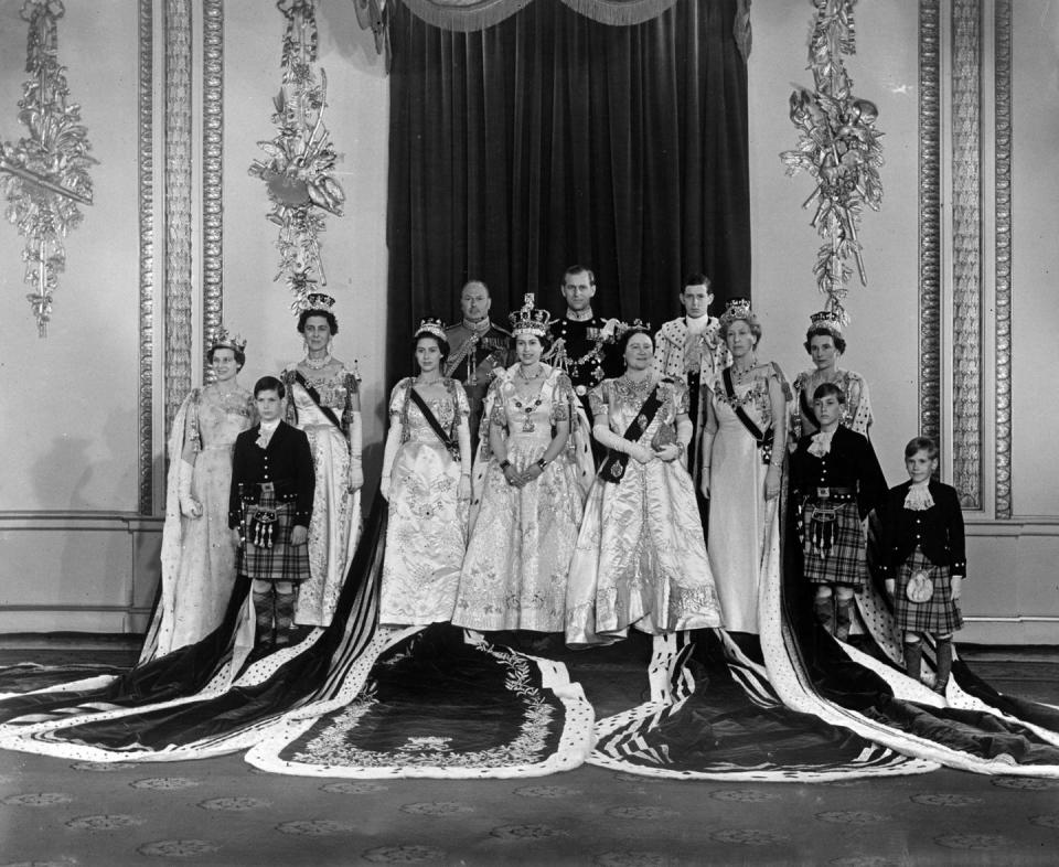<p>Just a few years later, Queen Elizabeth II and her family pose in the Throne Room following her coronation. </p>
