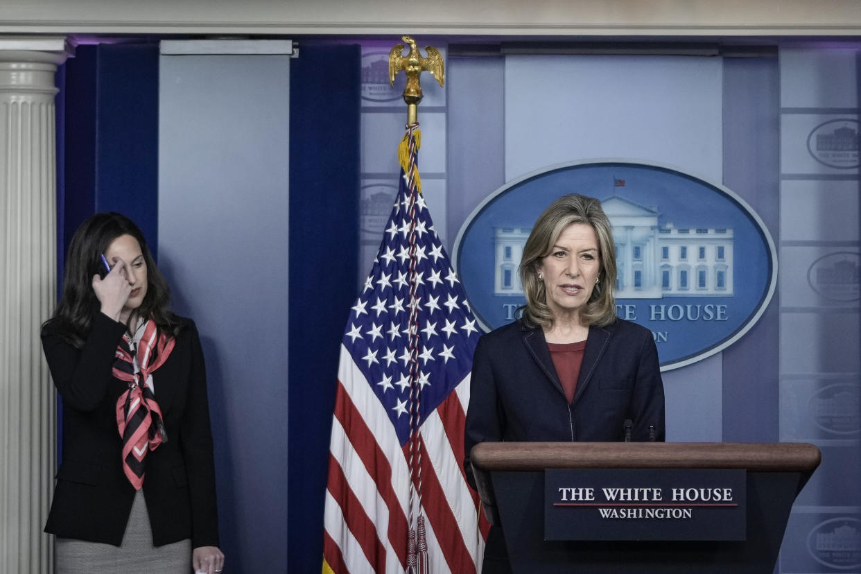 WASHINGTON, DC - MAY 10: (L-R) Deputy National Security Advisor for Cyber and Emerging Technology Anne Neuberger  and Homeland Security Advisor and Deputy National Security Advisor Dr. Elizabeth Sherwood-Randall speak about the Colonial Pipeline cyber attack during the daily press briefing at the White House on May 10, 2021 in Washington, DC. According to news reports, a criminal group from Russia named 