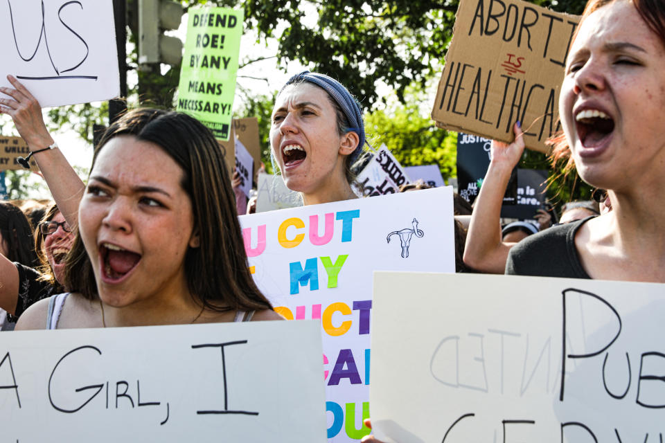 Abortion rights supporters protest outside the Supreme Court on Tuesday. (Valerie Plesch for NBC News)