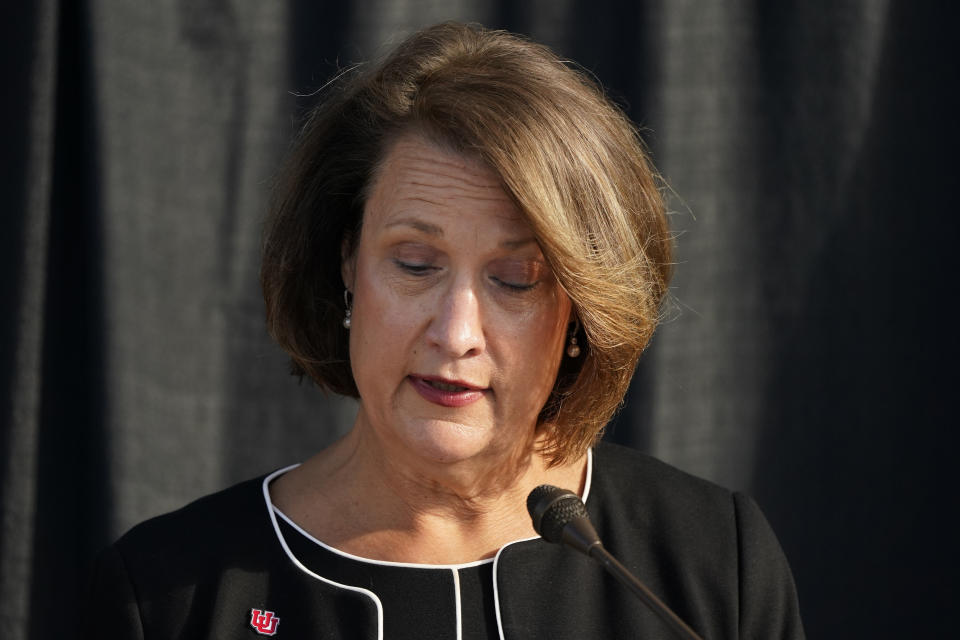 University of Utah President Ruth Watkins speaks during a press conference Thursday, Oct. 22, 2020, in Salt Lake City. The parents of a University of Utah track athlete who was killed by her ex-boyfriend on campus two years ago reached a $13.5 million settlement Thursday with the university, which acknowledged that it didn't handle the woman's case properly. (AP Photo/Rick Bowmer)