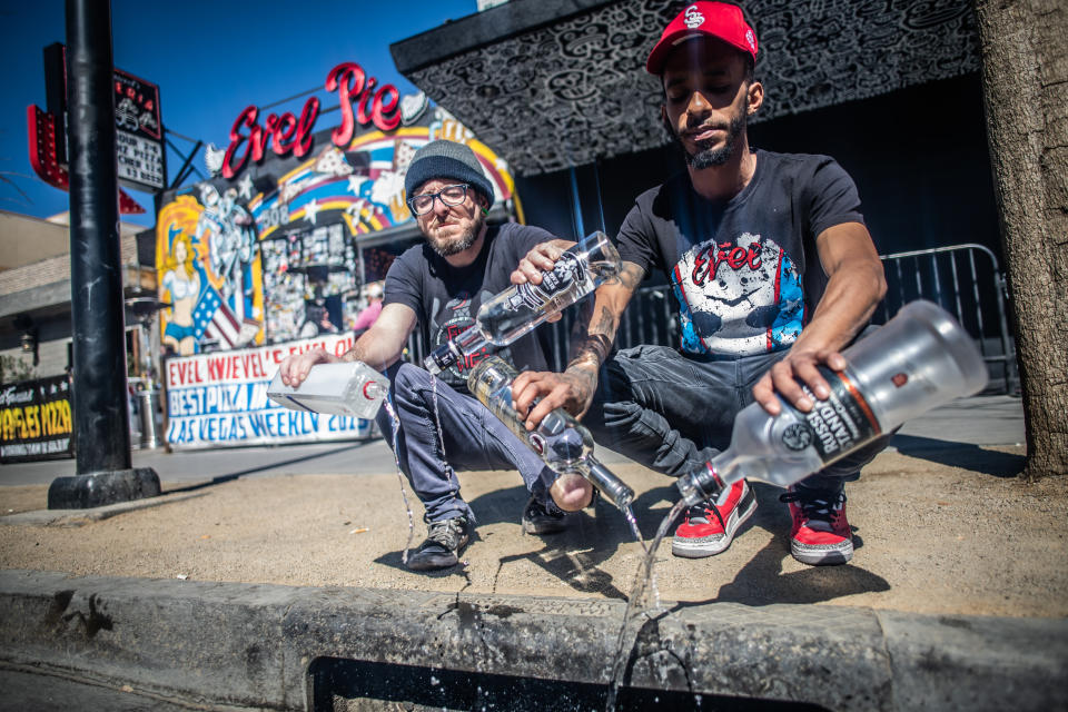 At Evel Pie, a pizza parlor and bar in Las Vegas, customers can purchase bottles of Russian vodka to dump out, with proceeds being donated to charities on the ground in Ukraine. (Photo: Evel Pie)