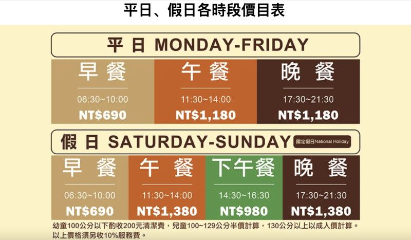 ▲台中林酒店「平日、假日各時段價目表」。（圖／翻攝自台中林酒店官網）