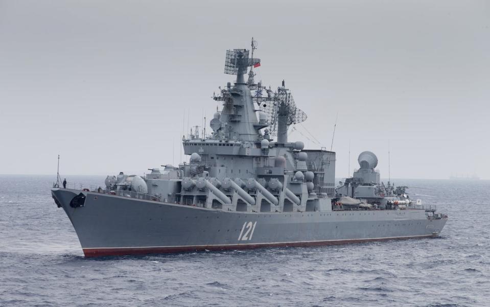 <span class="caption">Replacing ships like the Moskva will be pricey. The flagship of Russia’s Black Sea Fleet recently sank after suffering damage.</span> <span class="attribution"><a class="link " href="https://newsroom.ap.org/detail/RussiaUkraine/96ef4c8b56c24796a61a124270f573b9/photo?Query=moskva&mediaType=photo&sortBy=arrivaldatetime:desc&dateRange=Anytime&totalCount=643&currentItemNo=1" rel="nofollow noopener" target="_blank" data-ylk="slk:Russian Defense Ministry Press Service via AP;elm:context_link;itc:0;sec:content-canvas">Russian Defense Ministry Press Service via AP</a></span>
