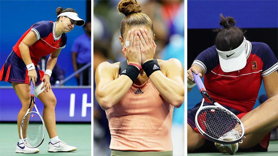 Bianca Andreescu (pictured left and right) falling down due to injury and Maria Sakkari (pictured middle) celebrating her US Open match win.