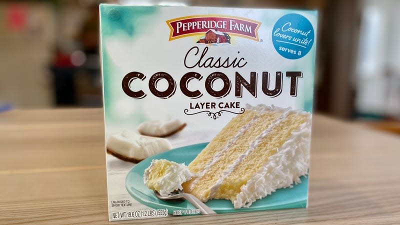 The Classic Coconut Layer Cake from Pepperidge Farm is square, so naturally it comes in a square box.