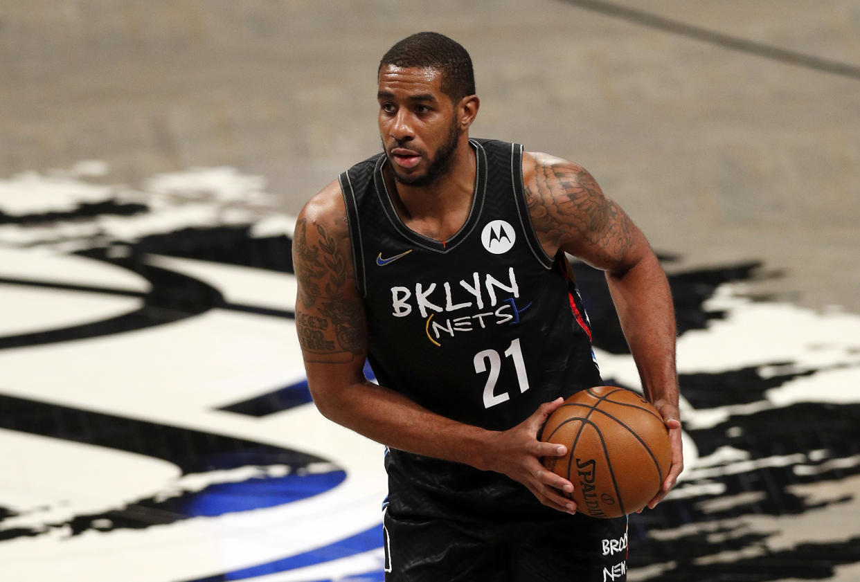 NEW YORK, NEW YORK - APRIL 05: (NEW YORK DAILIES OUT)  LaMarcus Aldridge #21 of the Brooklyn Nets in action against the New York Knicks at Barclays Center on April 05, 2021 in New York City. The Nets defeated the Knicks 114-112. NOTE TO USER: User expressly acknowledges and agrees that, by downloading and or using this photograph, User is consenting to the terms and conditions of the Getty Images License Agreement. (Photo by Jim McIsaac/Getty Images)