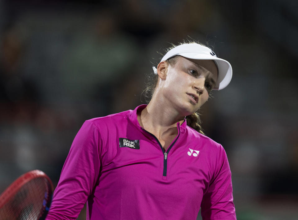 Elena Rybakina, of Kazakhstan, reacts during her match against Daria Kasatkina, of Russia, during the National Bank Open women’s tennis tournament Friday, Aug. 11, 2023, in Montreal. (Christinne Muschi/The Canadian Press via AP)