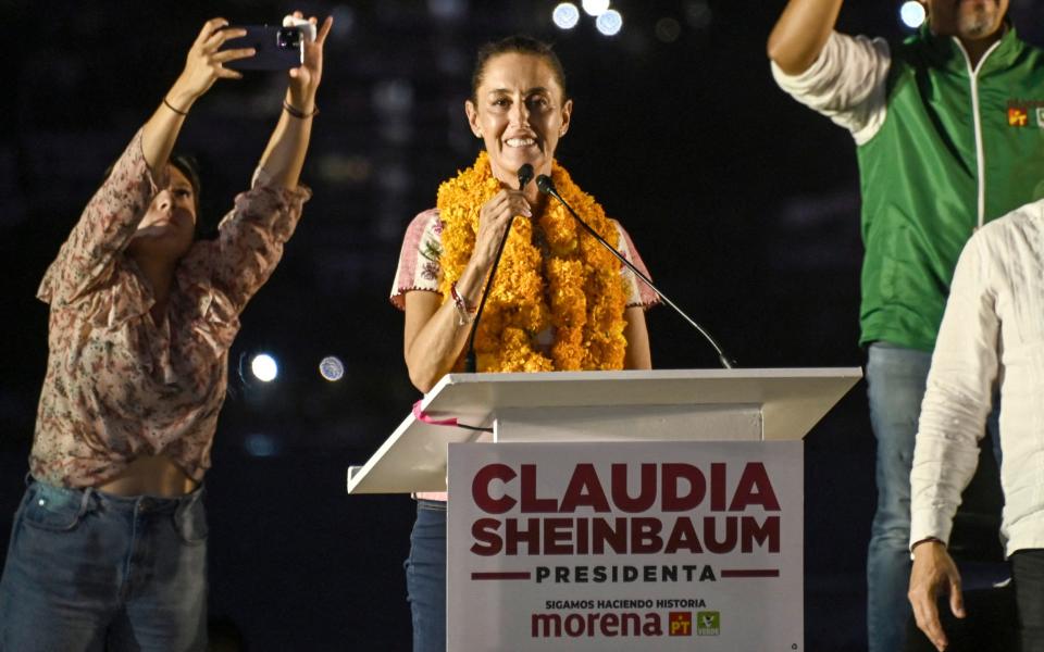 Dr Sheinbaum delivers a speech during a rally with supporters in Acapulco, Guerrero state