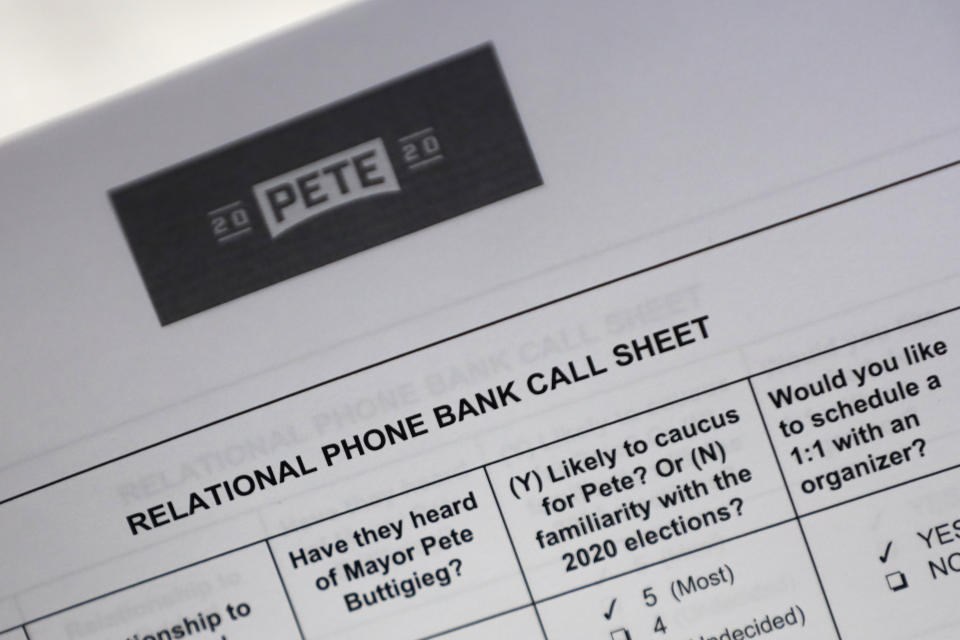 A call sheet for supporters of Democratic presidential candidate Pete Buttigieg to use during a "relational phone bank" is seen, Thursday, Aug. 29, 2019, in West Des Moines, Iowa. The group worked their smartphones calling and texting friends to test their interest in the candidate. Buttigieg is well behind his better known rivals in Iowa who have spent months building a deep organizational structure in the state that marks the first test for the Democratic presidential nomination. But thanks to his campaign taking in nearly $25 million in contributions in the last quarter, money that he is using to help create an army of peer-to-peer foot soldiers, Buttigieg is rapidly trying to catch up. (AP Photo/Charlie Neibergall)