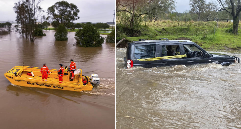 Several people travel inside a rescue boat through flood waters (left) and a four wheel drive is submerged in flood waters (right)