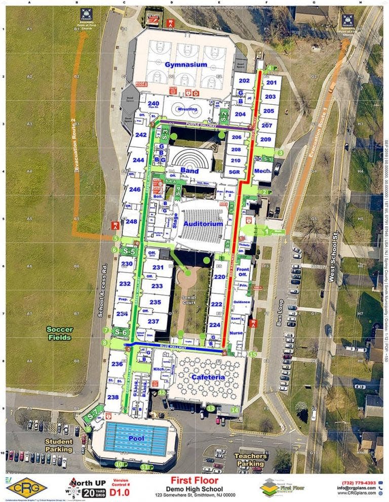 A sample map shows a school building, adjacent grounds with detailed labels for classrooms, utility areas, offices and common spaces as Delaware's Comprehensive School Safety Program announced an almost $1 million investment for accurate and uniform maps in fall 2022.