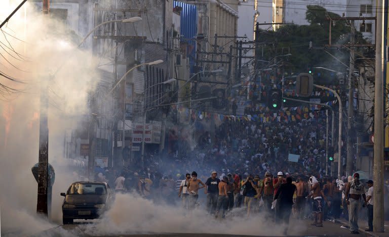 Protesters block access to the Arena Fonte Nova Stadium in Salvador, Bahia on June 20, 2013. Hundreds of thousands of people rallied across Brazil, as a protest movement over the quality of public services and the high cost of staging the World Cup gathered steam