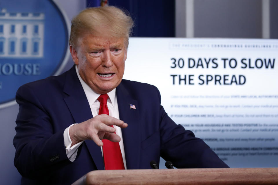 President Donald Trump speaks about the coronavirus in the James Brady Press Briefing Room of the White House, Tuesday, March 31, 2020, in Washington. (AP Photo/Alex Brandon)